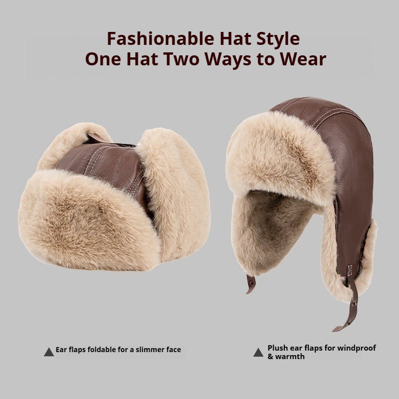 メンズ冬用暖かいPUレザートラッパーハット、フェイクファー耳 - Winter Trapper Hat のレビューと価格